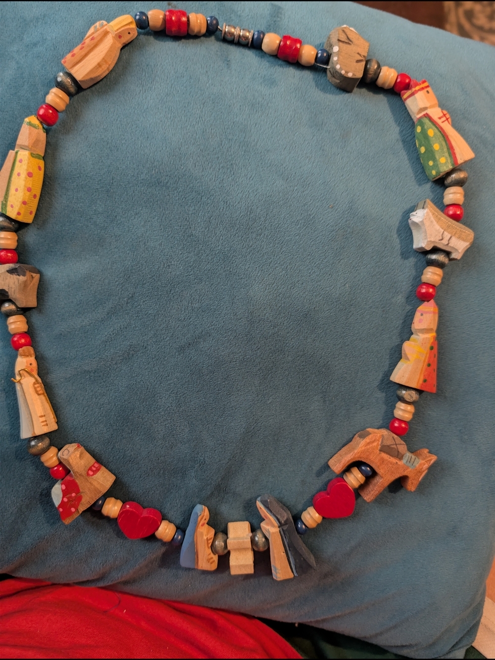 Handcrafted Multicolor Wooden Bead Necklace with Red Accents